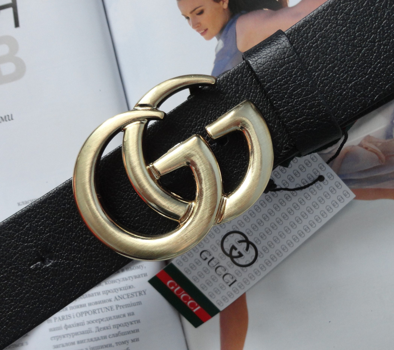 Жіночий шкіряний ремінь в стилі GUCCI пряжка золото ширина 3.8 см, фото 1