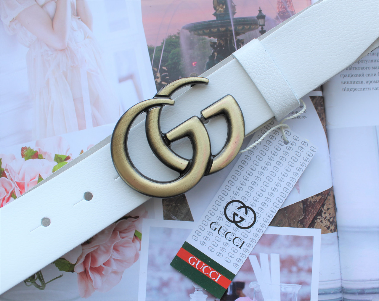 Шкіряний ремінь білий пряжка бронза, фото 1