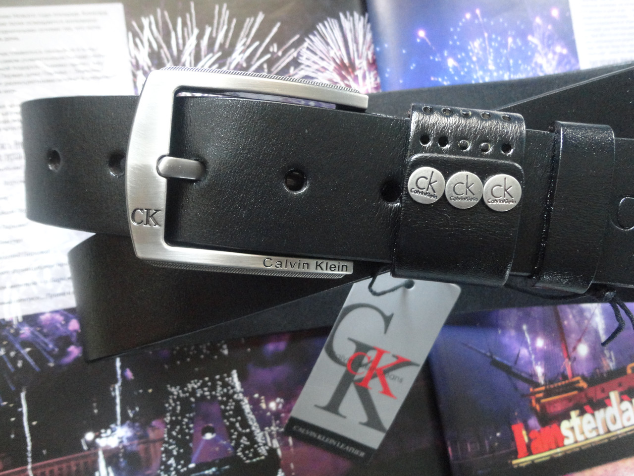 Чоловічий ремінь шкіряний CK у коробці, фото 1