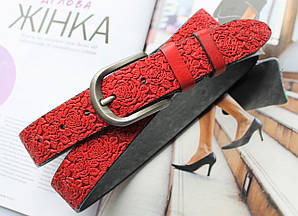 Ексклюзивний жіночий ремінь ручної роботи з натуральної шкіри з об'ємною трояндою (червоний)