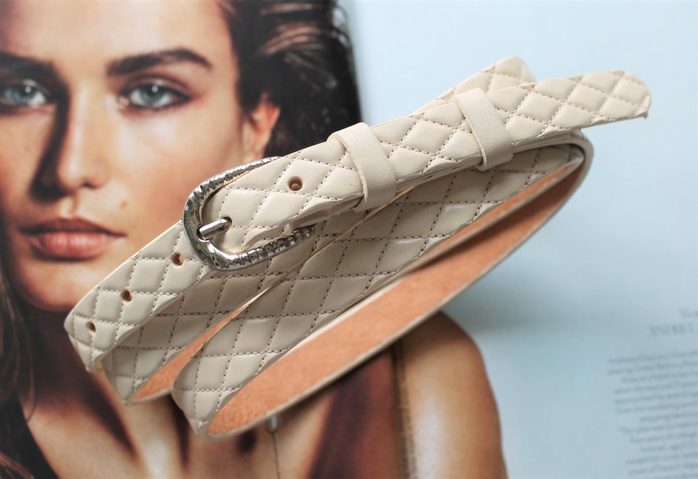 Вузький шкіряний ремінь бежевий ромб, фото 1