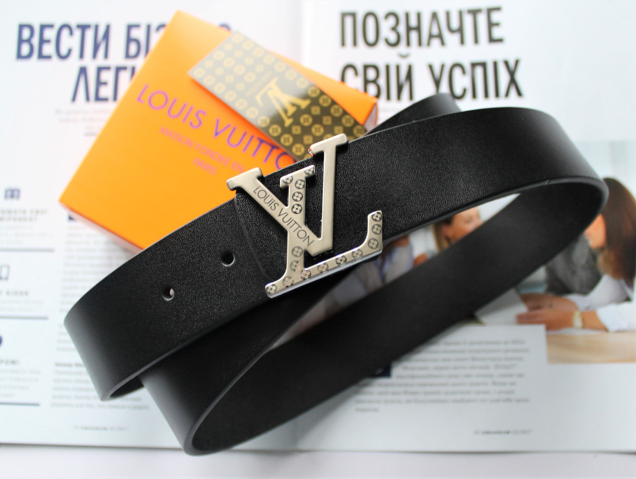 Кожаный ремень LV унисекс черный, фото 1
