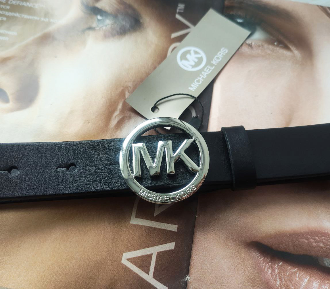 Шкіряний чорний ремінь Michael Kors пряжка срібло, фото 1