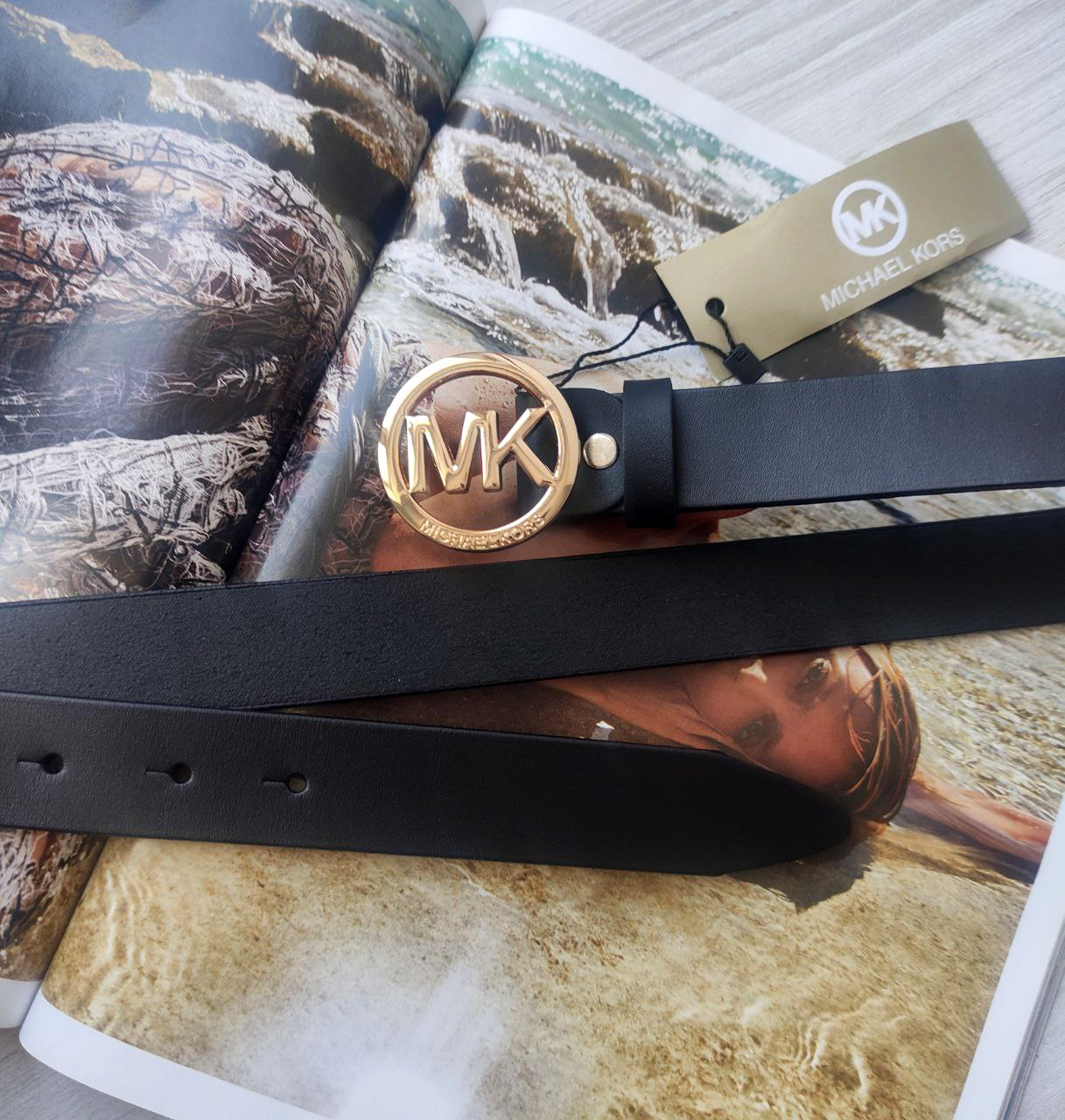 Шкіряний чорний ремінь Michael Kors пряжка золото, фото 1