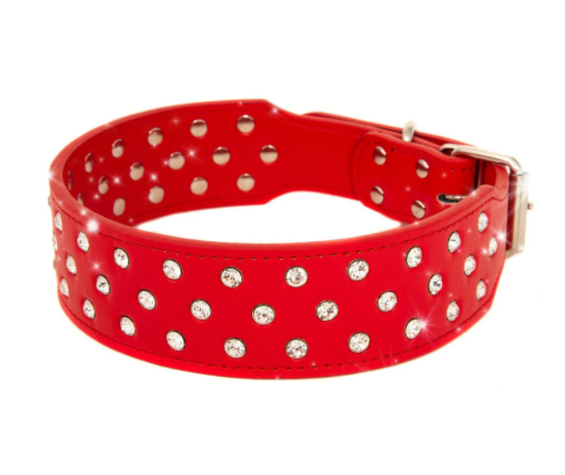 Ошейник из натуральной кожи "Lockdog" со стразами красный ширина 5 см, фото 1