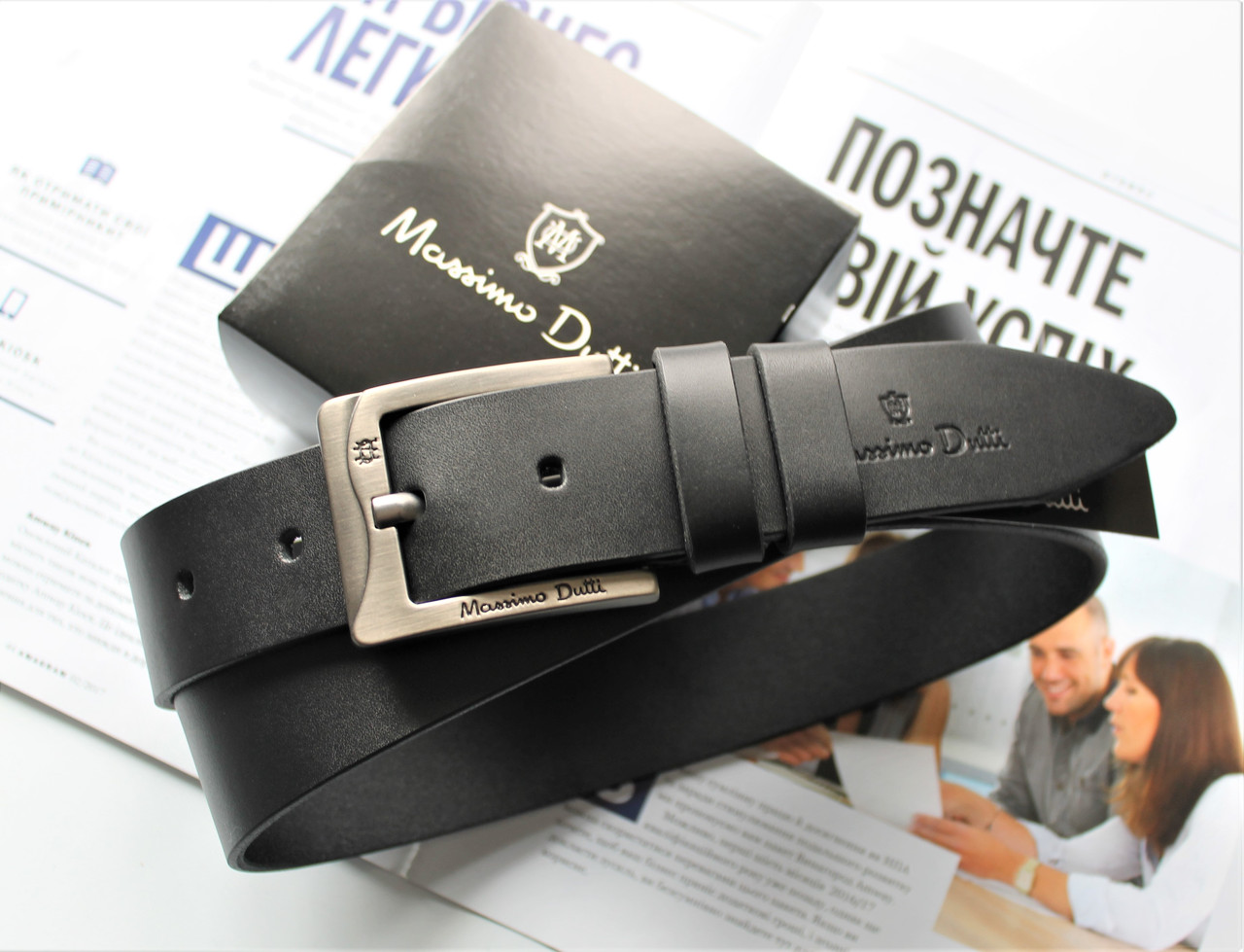 Шкіряний ремінь Massimo чорний +в подарунок коробка, фото 1