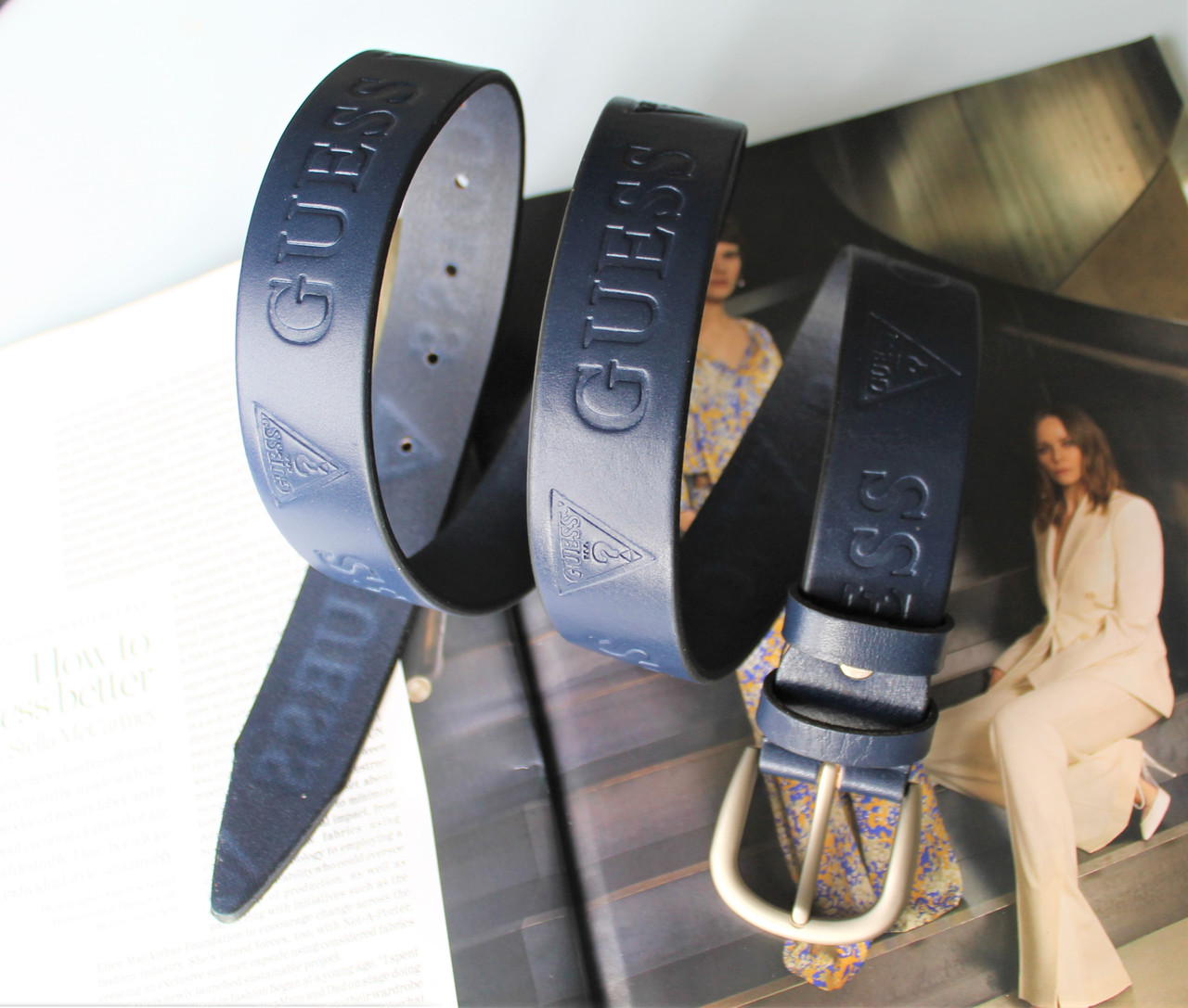 Жіночий шкіряний ремінь Guess синій, фото 1