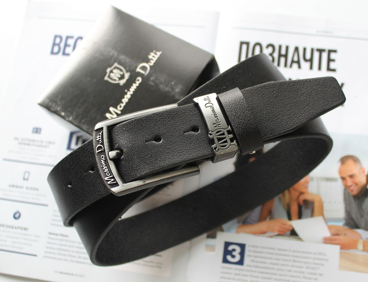 Шкіряний ремінь Massimo пряжка срібло хром + коробка в подарунок, фото 1