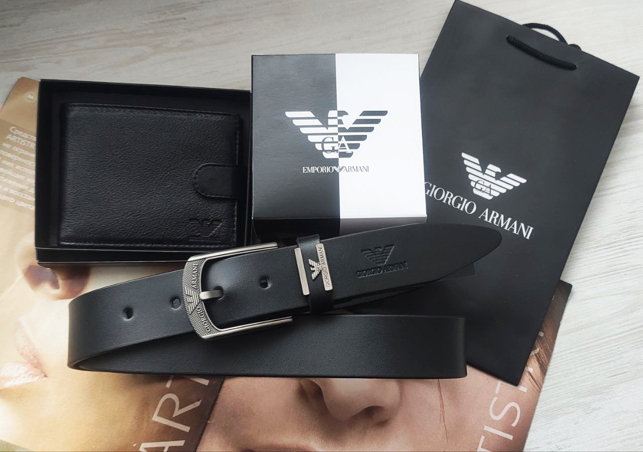 Чоловічий шкіряний подарунковий набір Armani ремінь і гаманець чорні