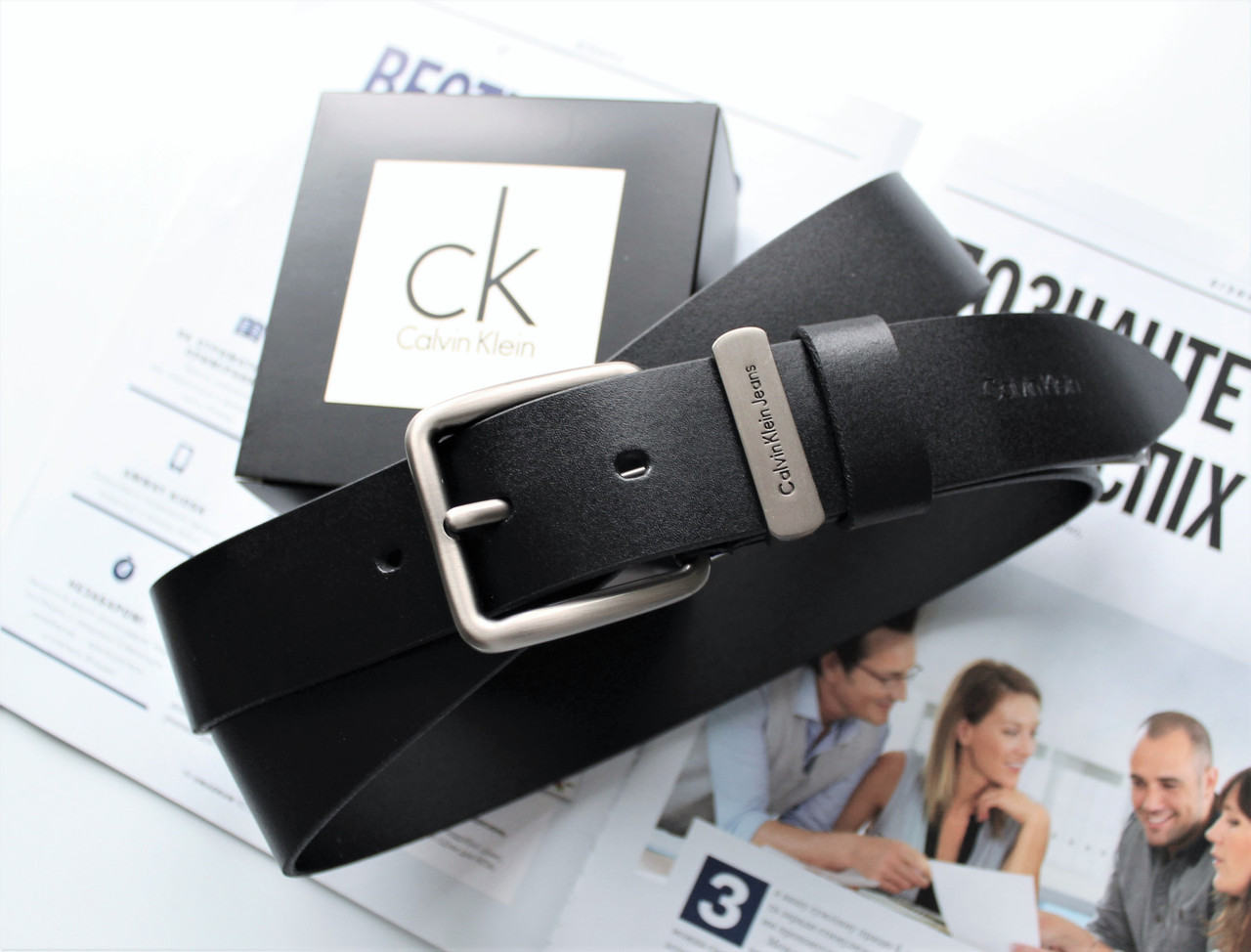 Чоловічий шкіряний ремінь Calvin + коробка в подарунок!, фото 1