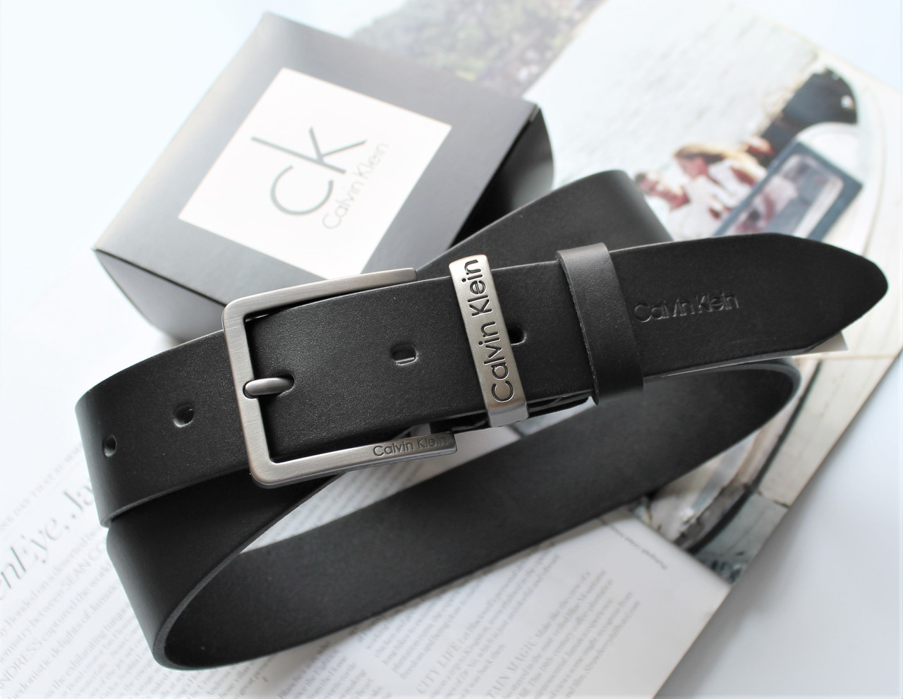Чоловічий шкіряний ремінь Calvin + коробка в подарунок!, фото 1