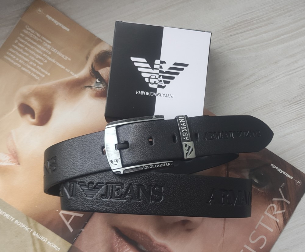 Чоловічий шкіряний ремінь з тисненням Armani чорний