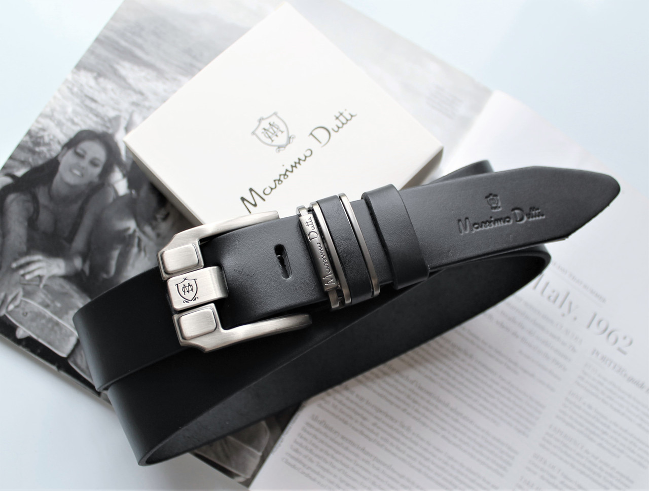 Шкіряний ремінь Massimo чорний +в подарунок коробка, фото 1
