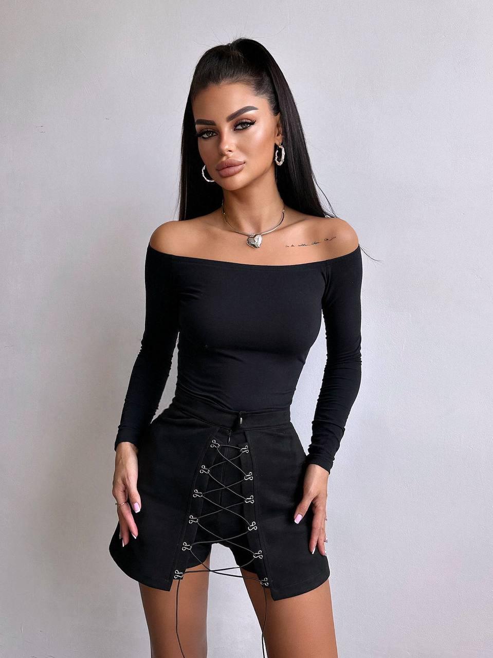 Чорна спідниця шорти із замші зі шнурівкою (р. S, M) 6611661Е, фото 1