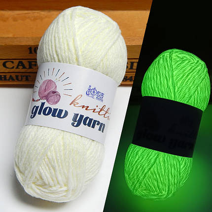 Пряжа, що світиться у темряві GlowYarn 30 гр, 1,7 мм, молочний, зелене свічення, фото 1