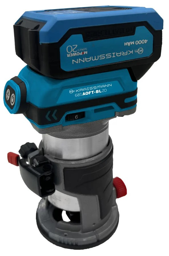 Фрезерна машина акумуляторна KRAISSMANN 681 AOFT-BL 20MP (безщітковий мотор 2 аку-4А·год зарядний пристрій)