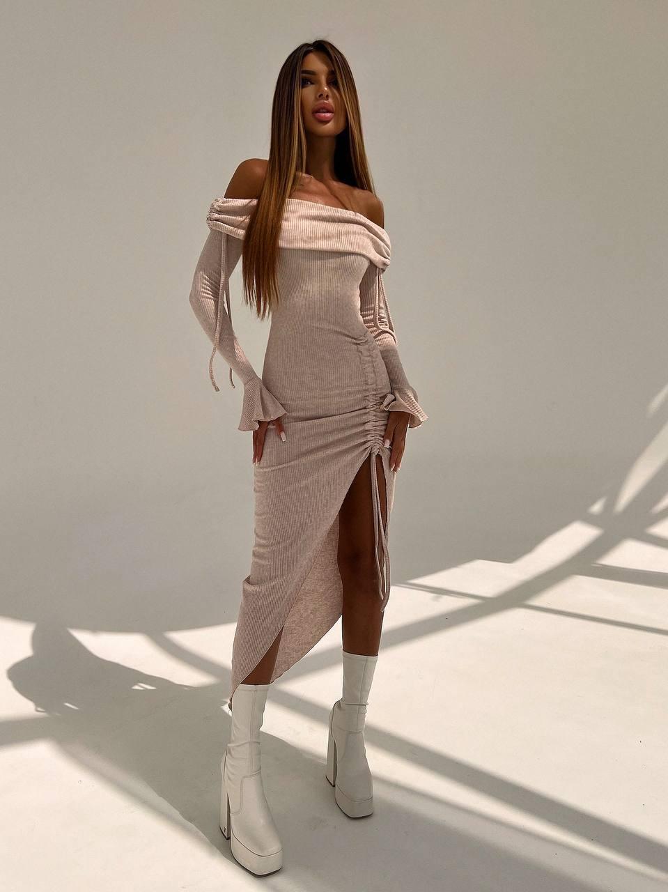 Асиметричне плаття міді з відкритими плечима та затяжкою збоку (р. S, M) 66035859Е, фото 1