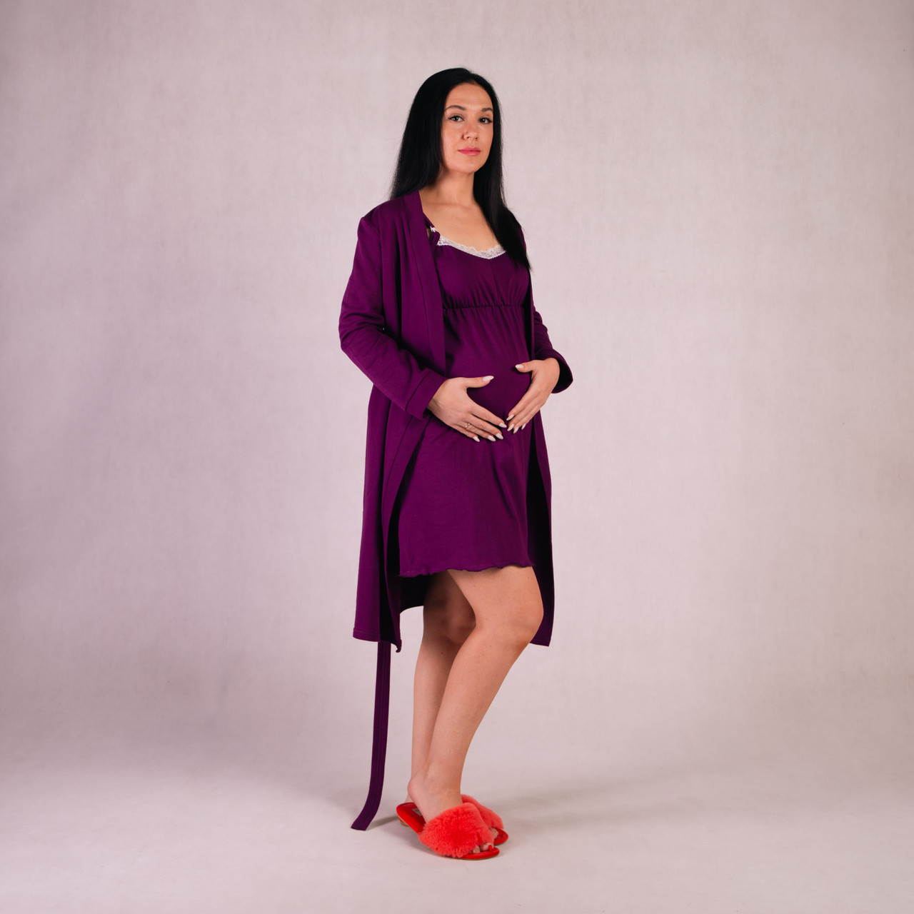 Комплект для вагітних і годування теплий халат із нічним вузькими бретелями із застібками сливовий р.44-60