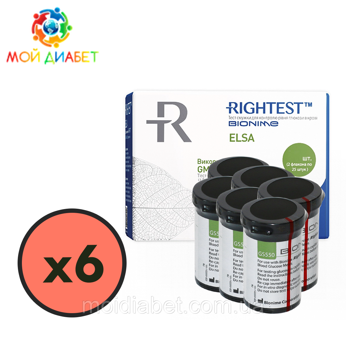 Тест смужки Біонайм 550 (Bionime Rightest GS550) (ELSA) 300 шт. у 12 флаконах по 25 шт. в пакованні