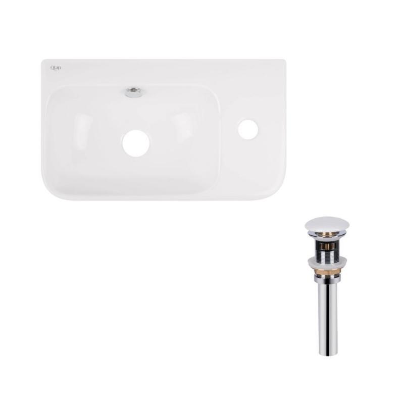 Комплект Qtap Tern: Раковина підвісна прямокутна права 450х260х155 мм White + Донний клапан PU02O