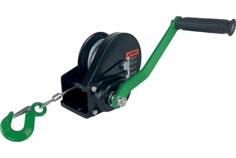 Лебідка ручна барабанна HITCH HWB 900 кг із гальмом, сталевий канат 10 м, міцний корпус, редуктор зі кожухом і гак із клямкою, фото 1