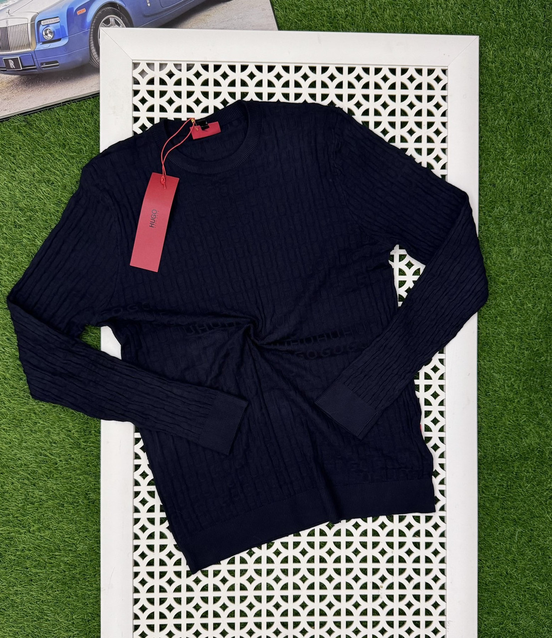 Чоловічий тонкий светр Hugo Boss брендовий класичний джемпер Бос темно-синій
