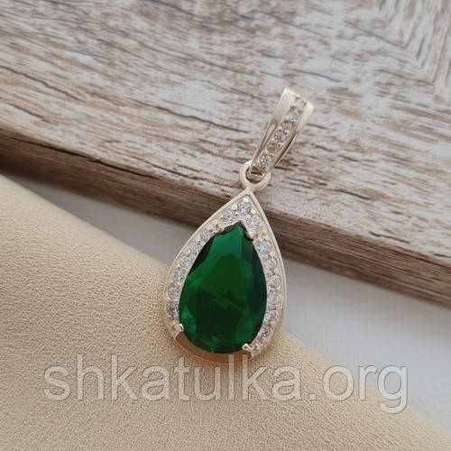 Кулон зі срібла з золотими напайками зеленим і білими цирконами