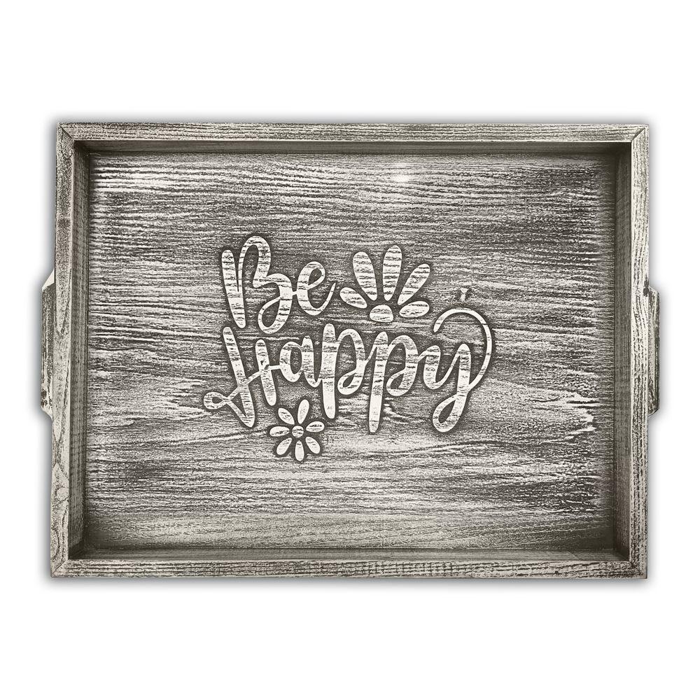 Піднос дерев'яний 30х40 Be happy сірий вінтаж хрп1001сва, фото 1