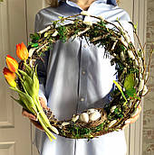 Весняний декоративний віночок "Весняна розкіш" з тюльпанами і котиками 45 см