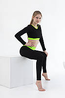Спортивні лосини та кроп-топ з довгим рукавом для дівчаток на хореографію з чорного біфлексу Єва р. 26-44