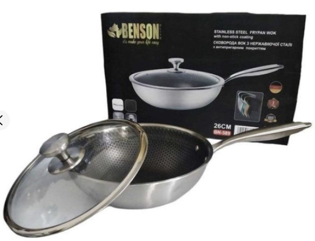 Сковорідка Benson BN-590 WOK 28 см із неіржавкої сталі з антипригарним покриттям, фото 1