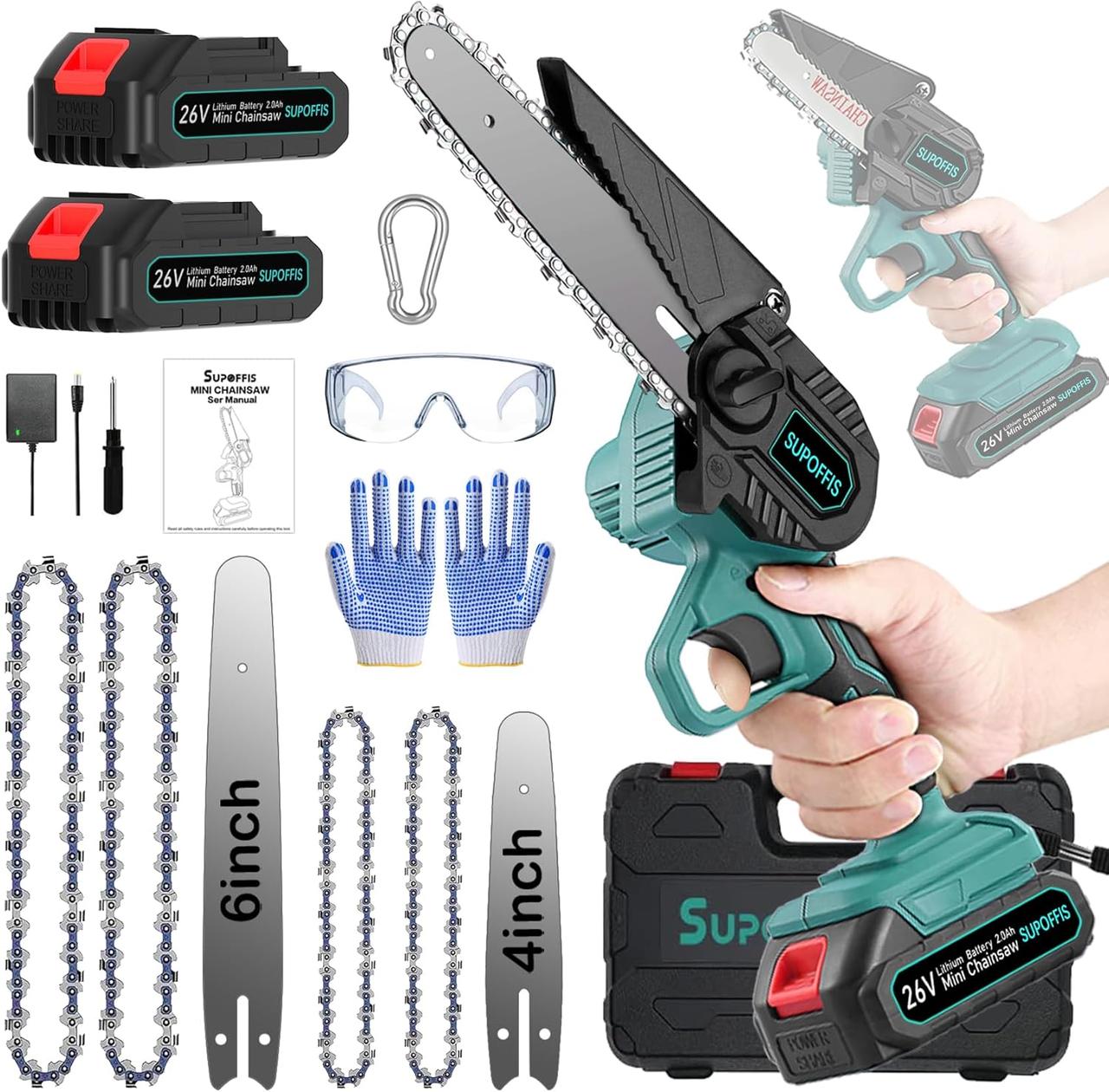 Міні ланцюгова пилка 6 дюймів 4 дюйми, акумулятор 2 x 2000 мАг, безщіткова міні-бензопила 26 В ручна одноручна, фото 1