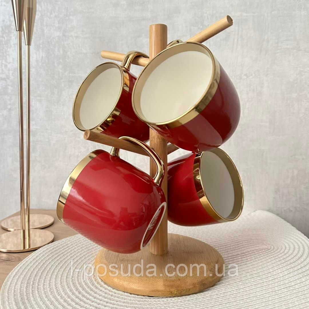 Набір подарункових чашок 320 мл*4 шт з бамбуковою підставкою, фото 1