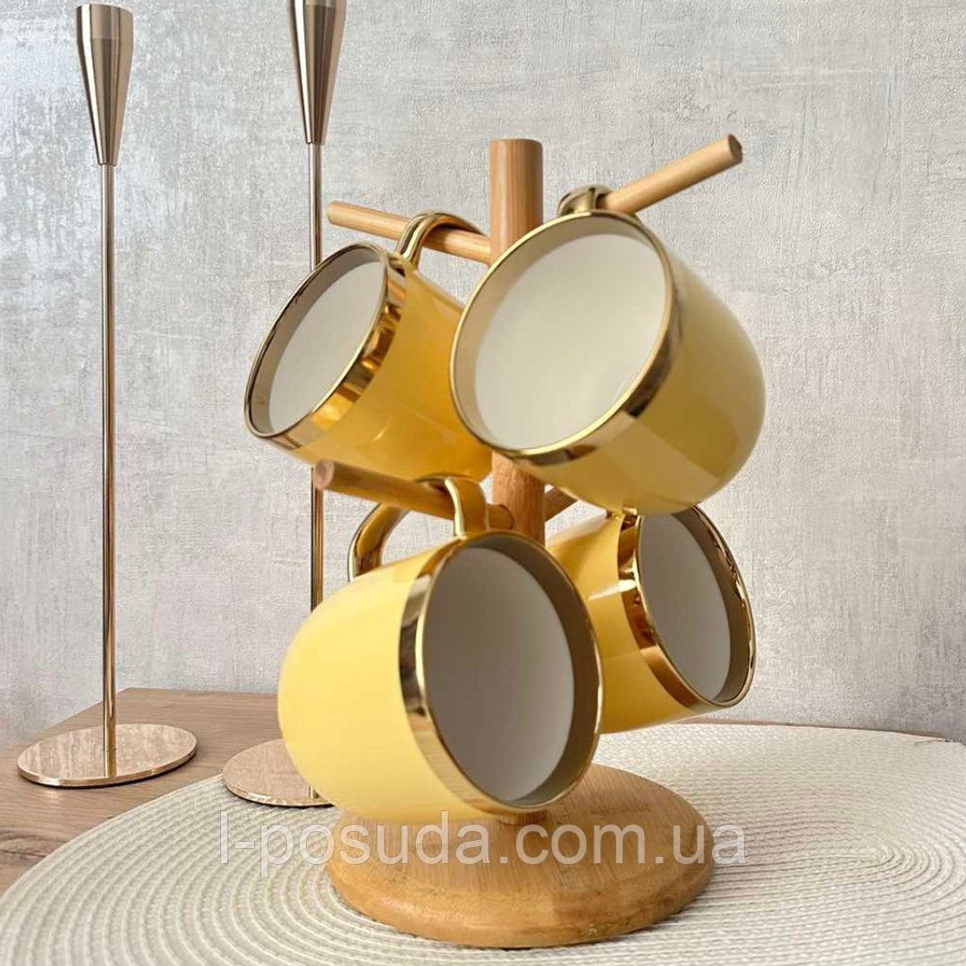 Набір подарункових чашок Золота лілія 320 мл*4 шт. з бамбуковою підставкою, фото 1