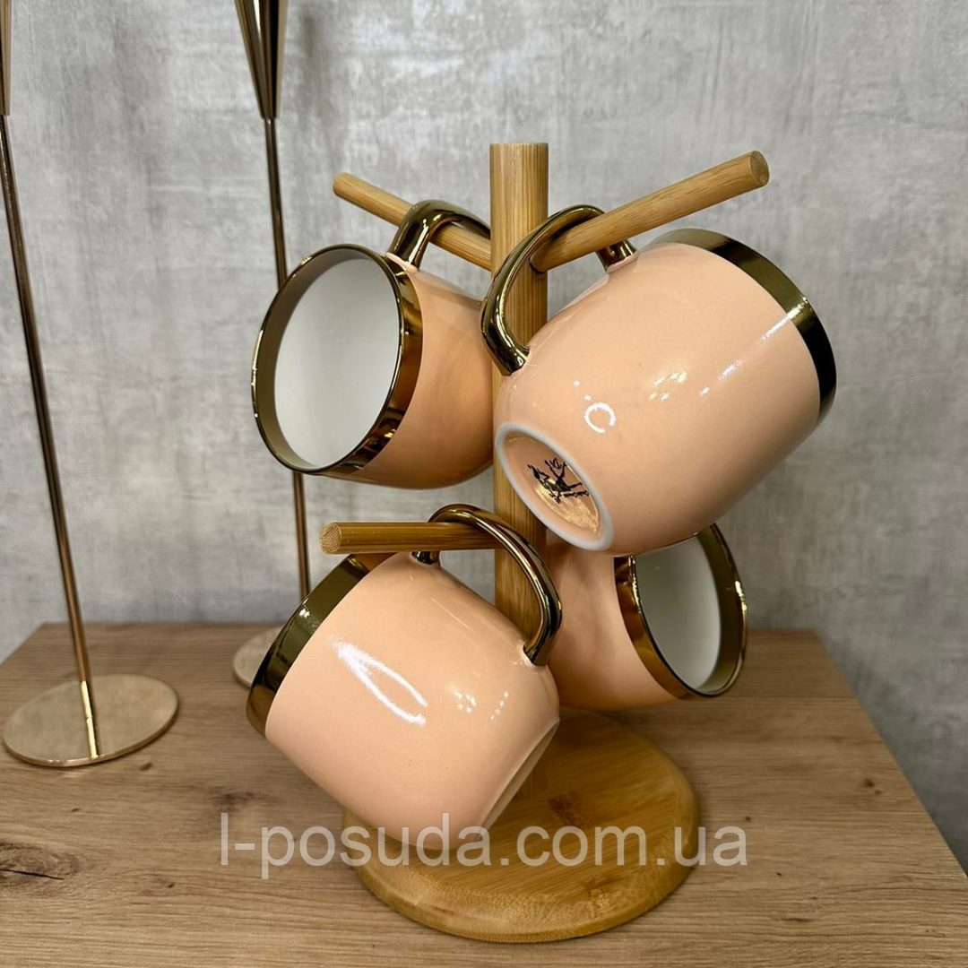 Порцелянові чашки 320 мл подарунковий набір 4 шт на бамбуковій підставці, фото 1