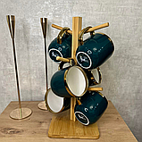 Набір 6 шт фарфорових кухлів 320 мл для чаю та кави на бамбуковій стійці, фото 2