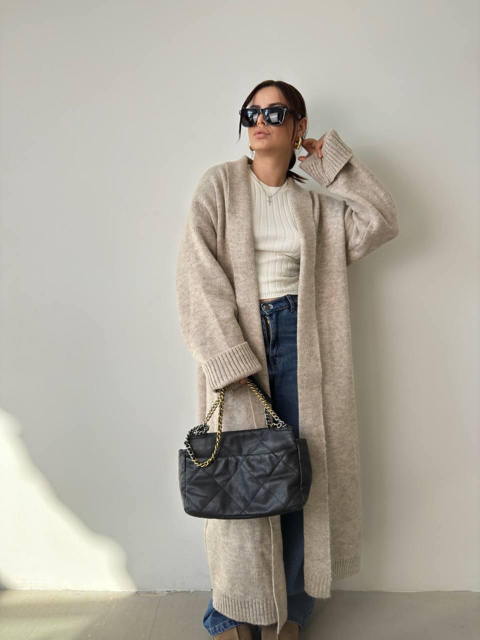 Затишний кардиган жіночий оверсайз довжина максі вовна мериноса Pva540