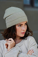 В'язана шапка з ангори "Калина", колір оливковий