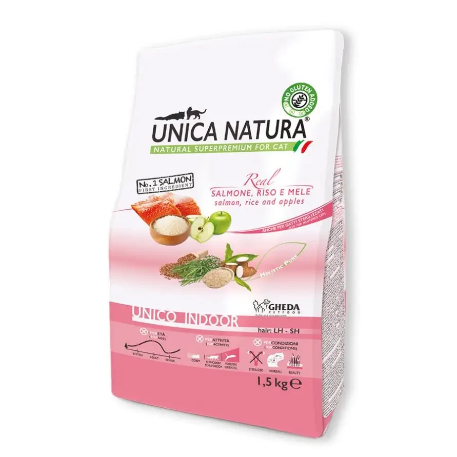 Сухий корм для кішок Gheda Unica Natura Indoor корм для кімнатних котів (лосось, рис та яблука), 1.5 кг