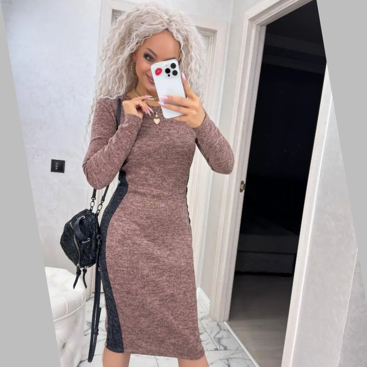 Красива сукня жіноча облягаюча бежева тепла сукня міді ангорова стильна сукня футляр нарядна, фото 1