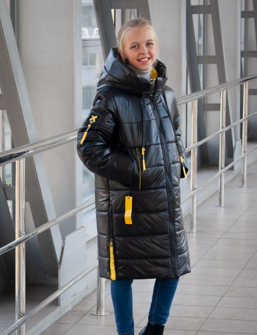 Довге зимове пальто на дівчинку тепла зимова куртка підліткова чорна з жовтим 11-14 років