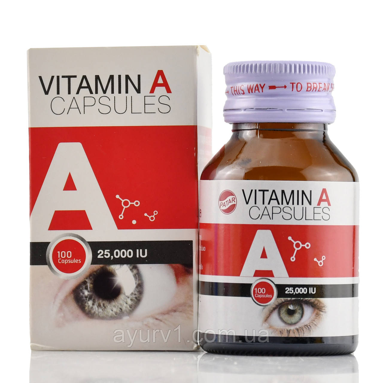 Вітамін А в капсулах, Vitamin A 25,000 IU Capsules Patar.Lab 100 cap упаковка у склі, фото 1