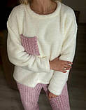 Комбінований теплий жіночий махровий домашній костюм-піжама рожево-молочний, фото 3