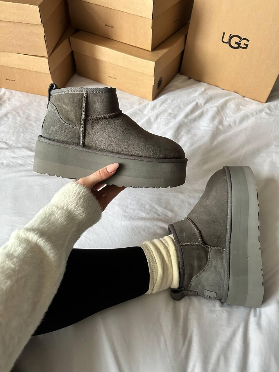 Уги жіночі Ugg Ultra Mini Platform Grey сірі замшеві на платформі високі, фото 1