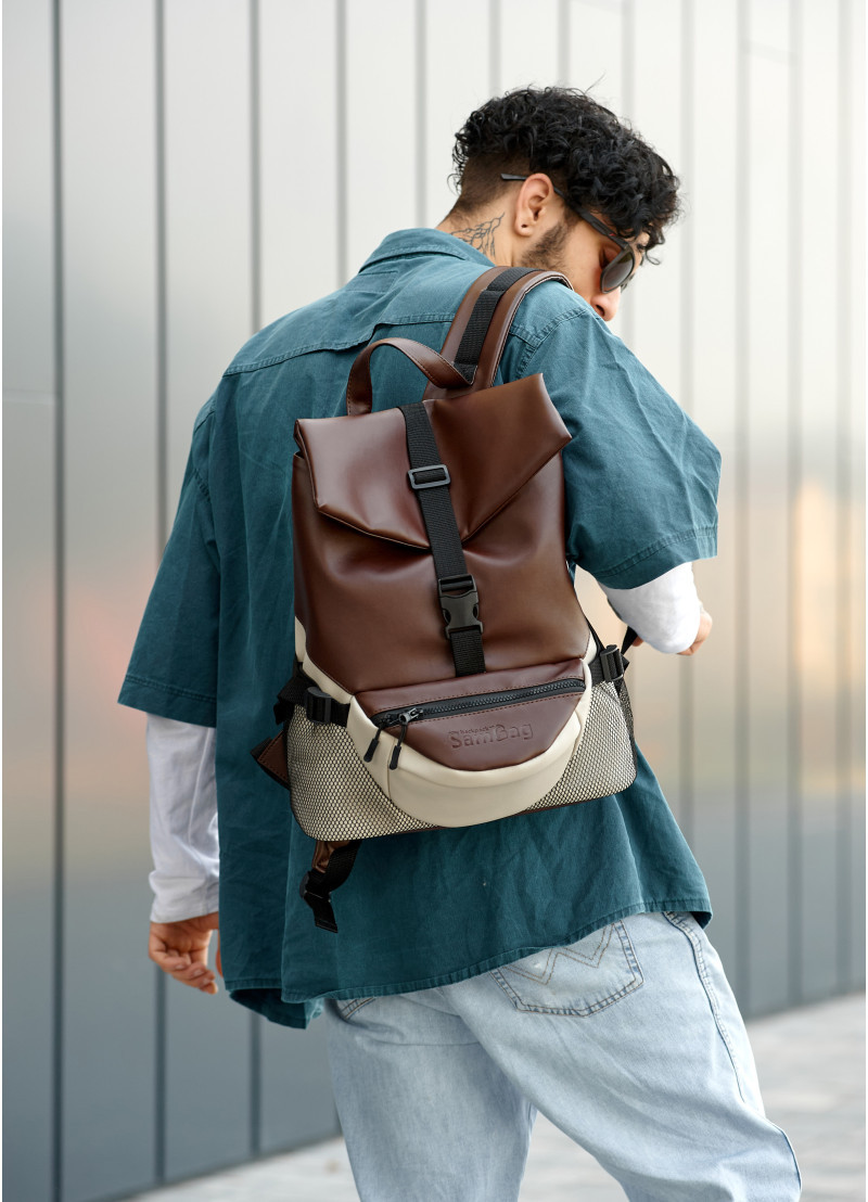 Стильний чоловічий рюкзак роллтоп з повсякденний, міський, для хлопця студента ролл з екошкіри коричневий, фото 1