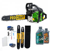 Потужна бензопила 4,1 кВт Procraft GS50/2, 2 шини 45/40см, 5.57 к.с., Олія 2T 1л, Олія для ланцюга Procraft 1л