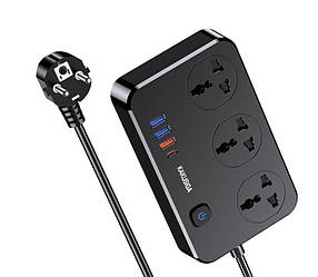 Фільтр мережевий Kakusiga KSC-948 (2500W, 3USB, Type C, 3 розетки, 1.5m) Black