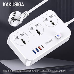 Фільтр мережевий Kakusiga KSC-948 (2500W, 3USB(1QC), Type C, 3 розетки) White, фото 2