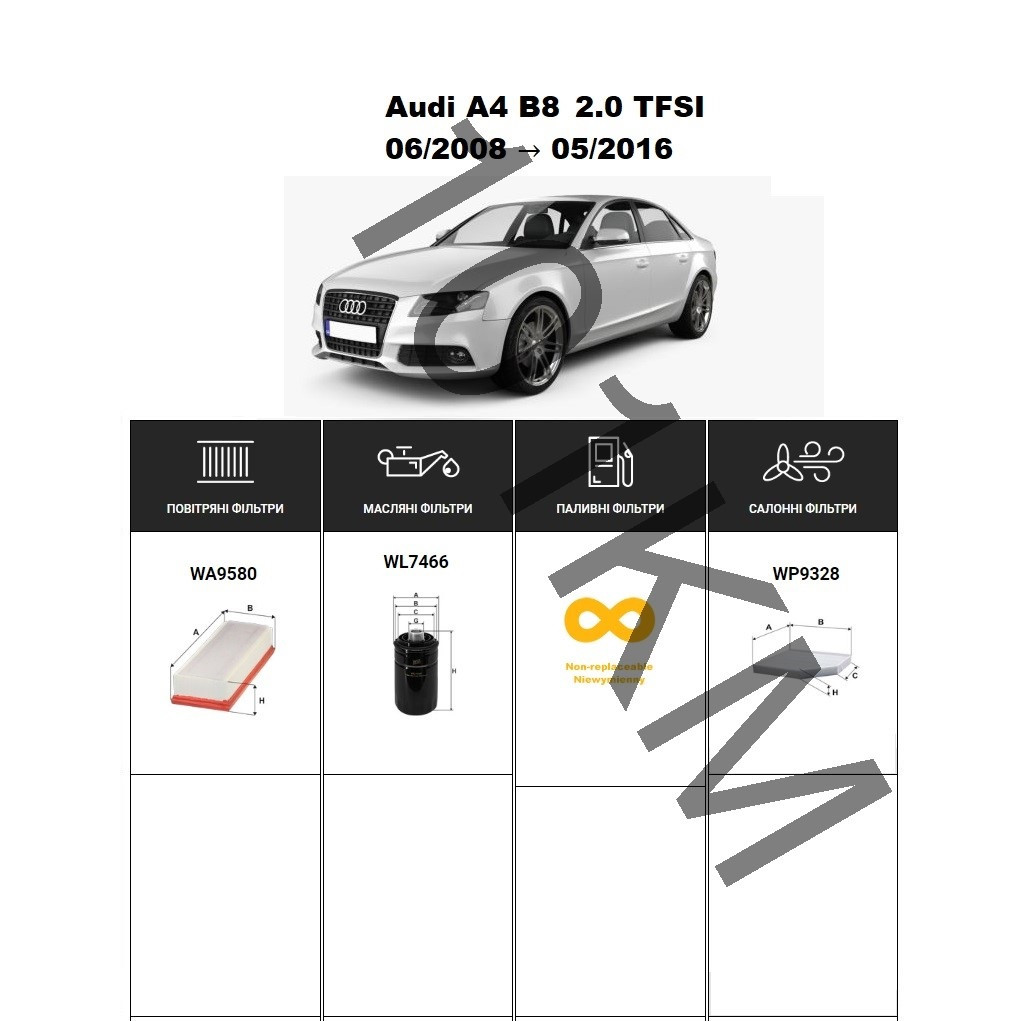 Комплект фільтрів Audi A4 B8 2.0 TFSI (2008-2016) WIX