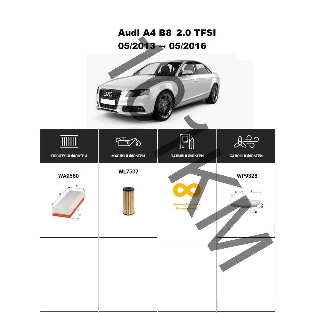 Комплект фільтрів Audi A4 B8 2.0 TFSI (2013-2016) WIX